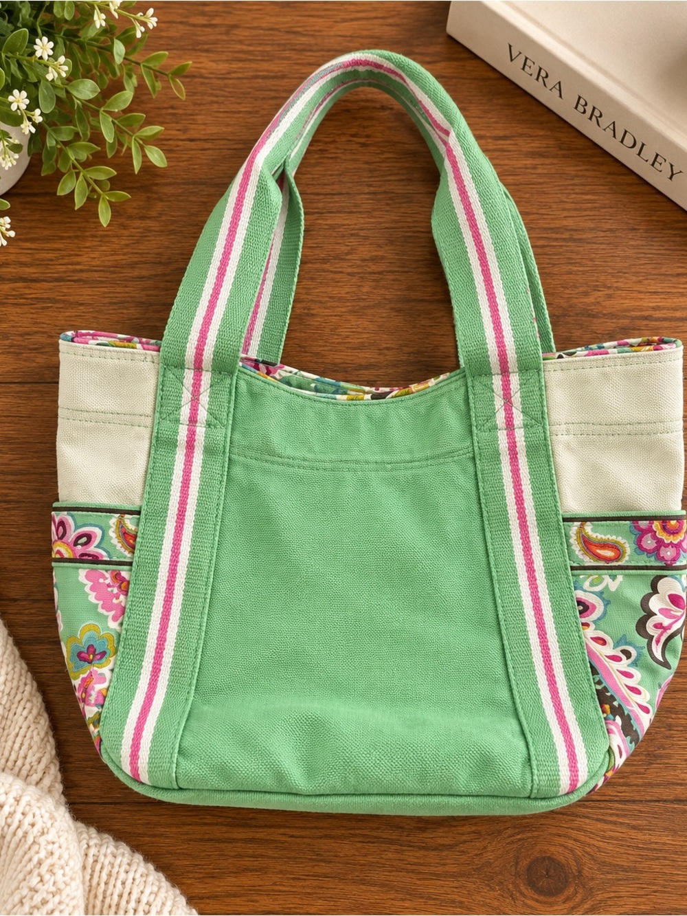 Vera Bradley Mint Green Floral Tote Bag | Canvas Shoulder Bag | Organizer Purse